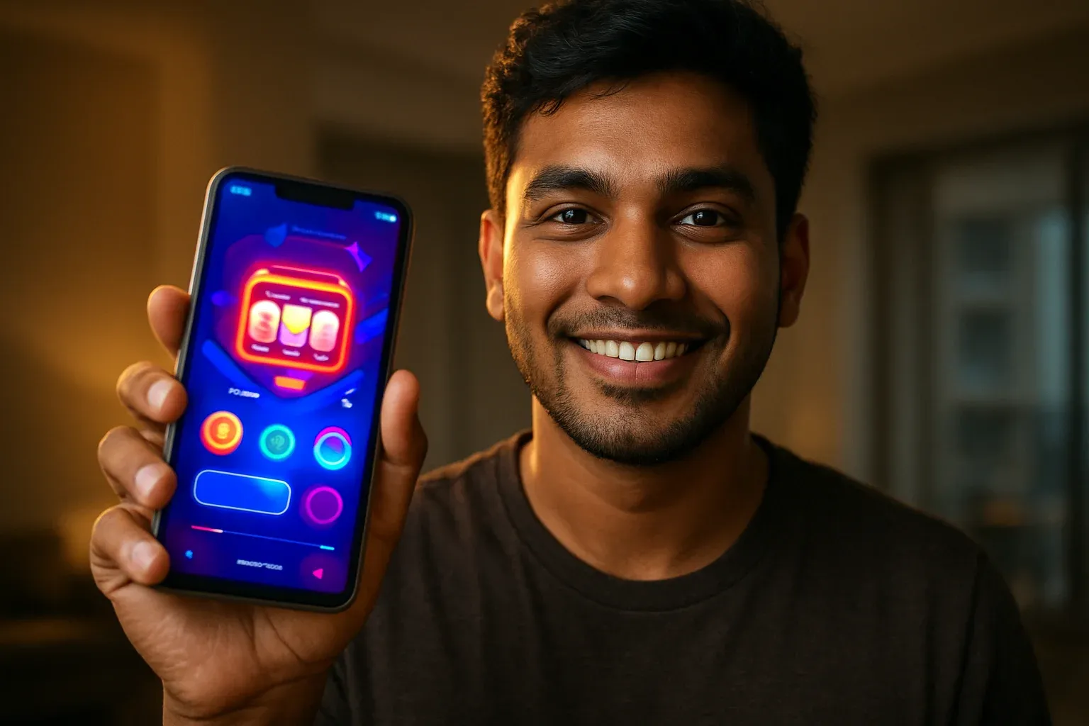 Young Bangladeshi man holding smartphone showing colorful mobile casino app interface