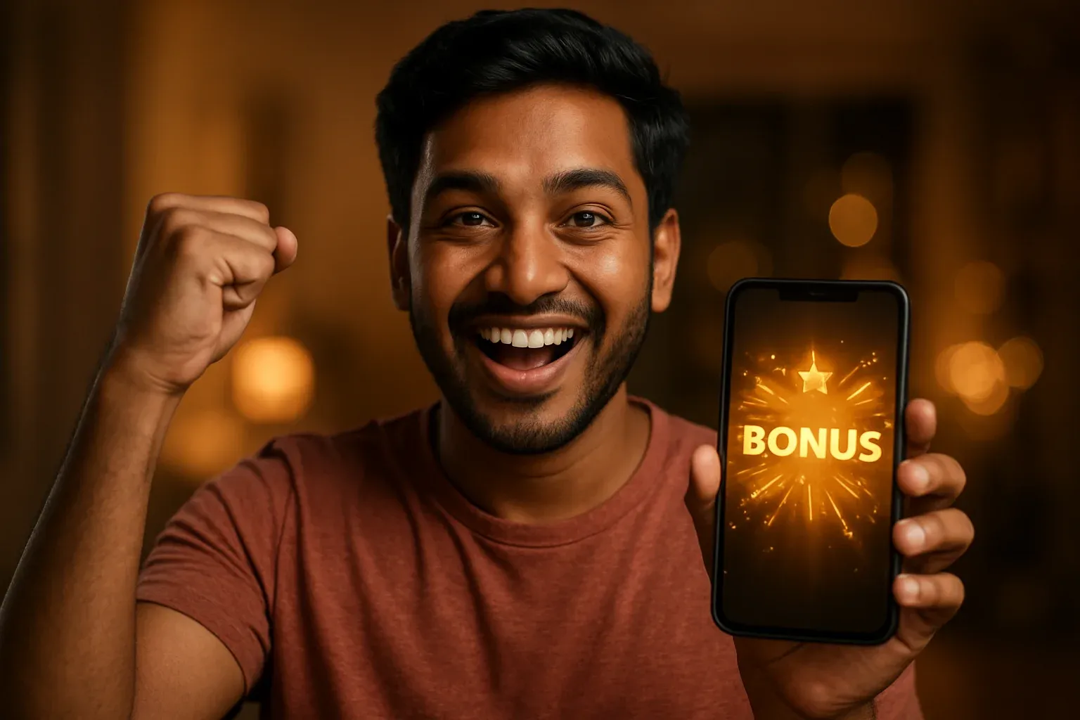 Joyful Bangladeshi man holding smartphone with glowing bonus notification