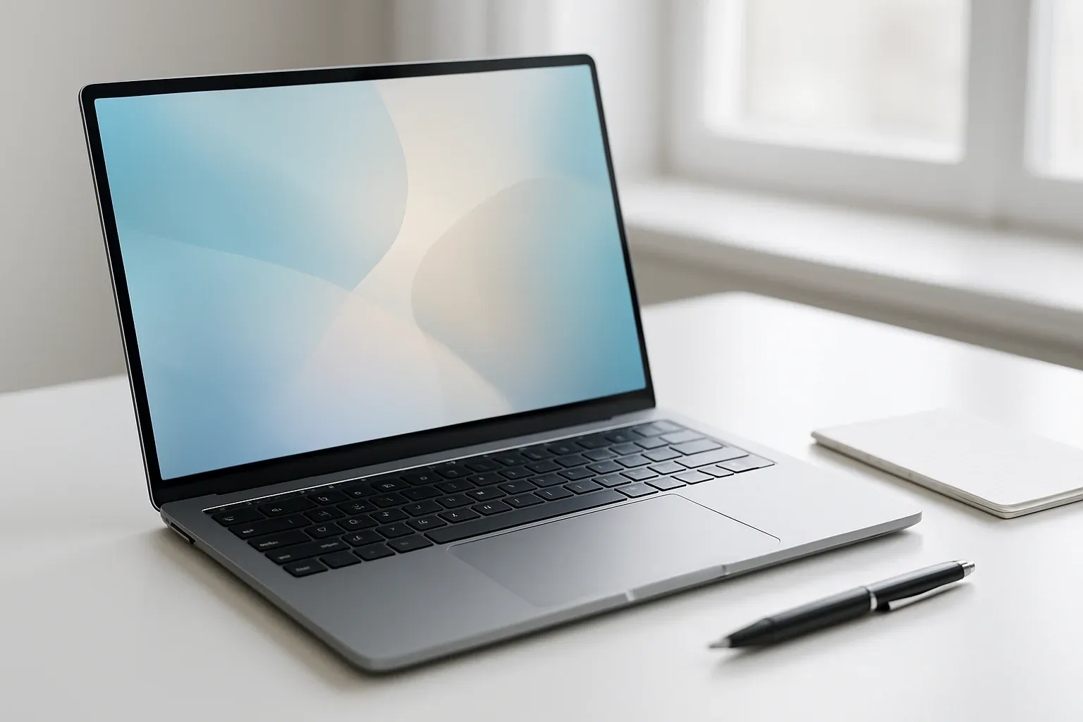 Modern laptop on white desk with abstract glowing screen