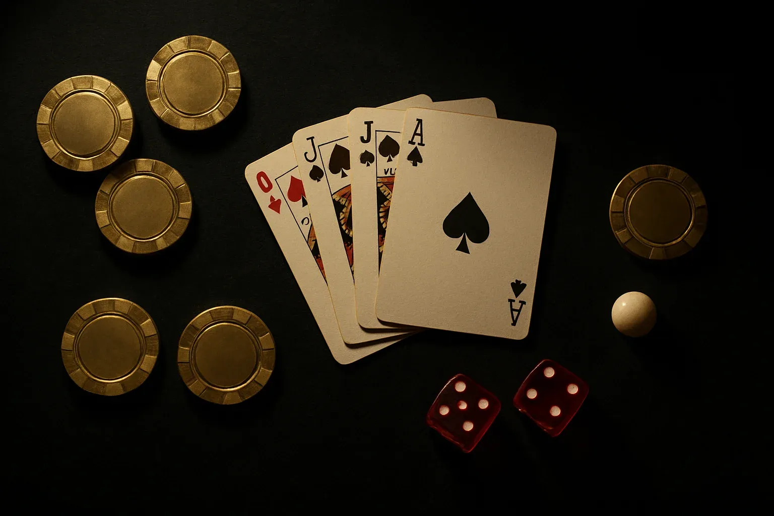 Golden casino chips, playing cards, dice, and roulette ball on velvet