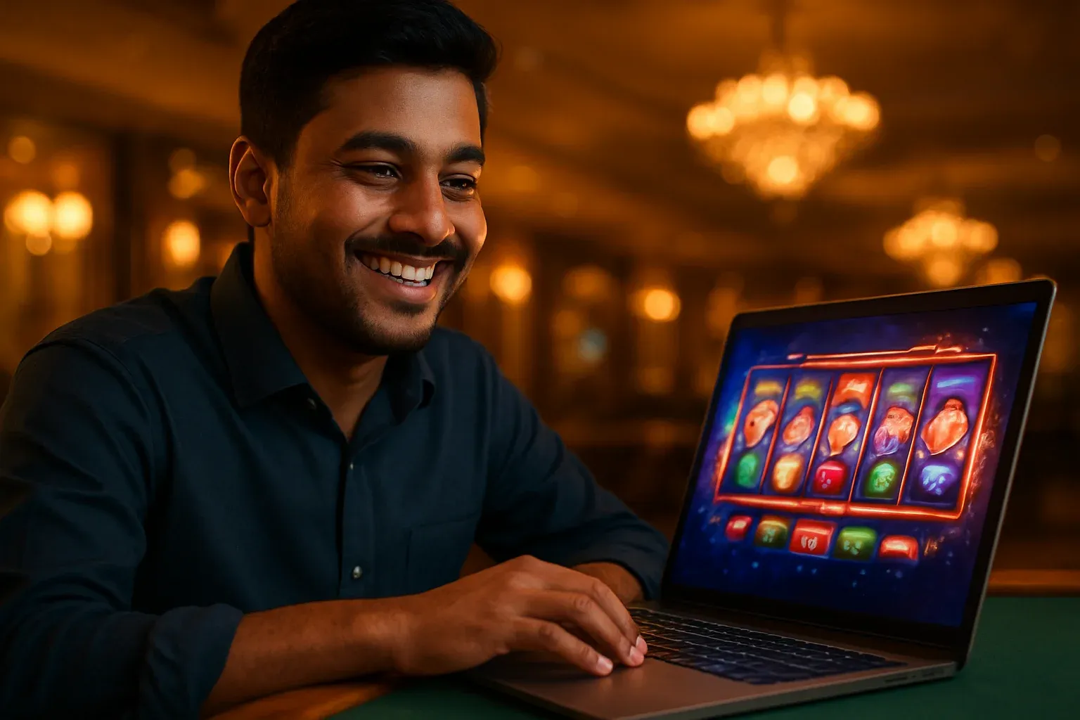 Cheerful Bangladeshi man with open laptop at premium casino lounge