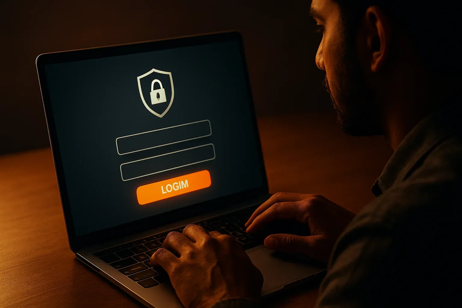 Bangladeshi man's hands on laptop showing stylized login form