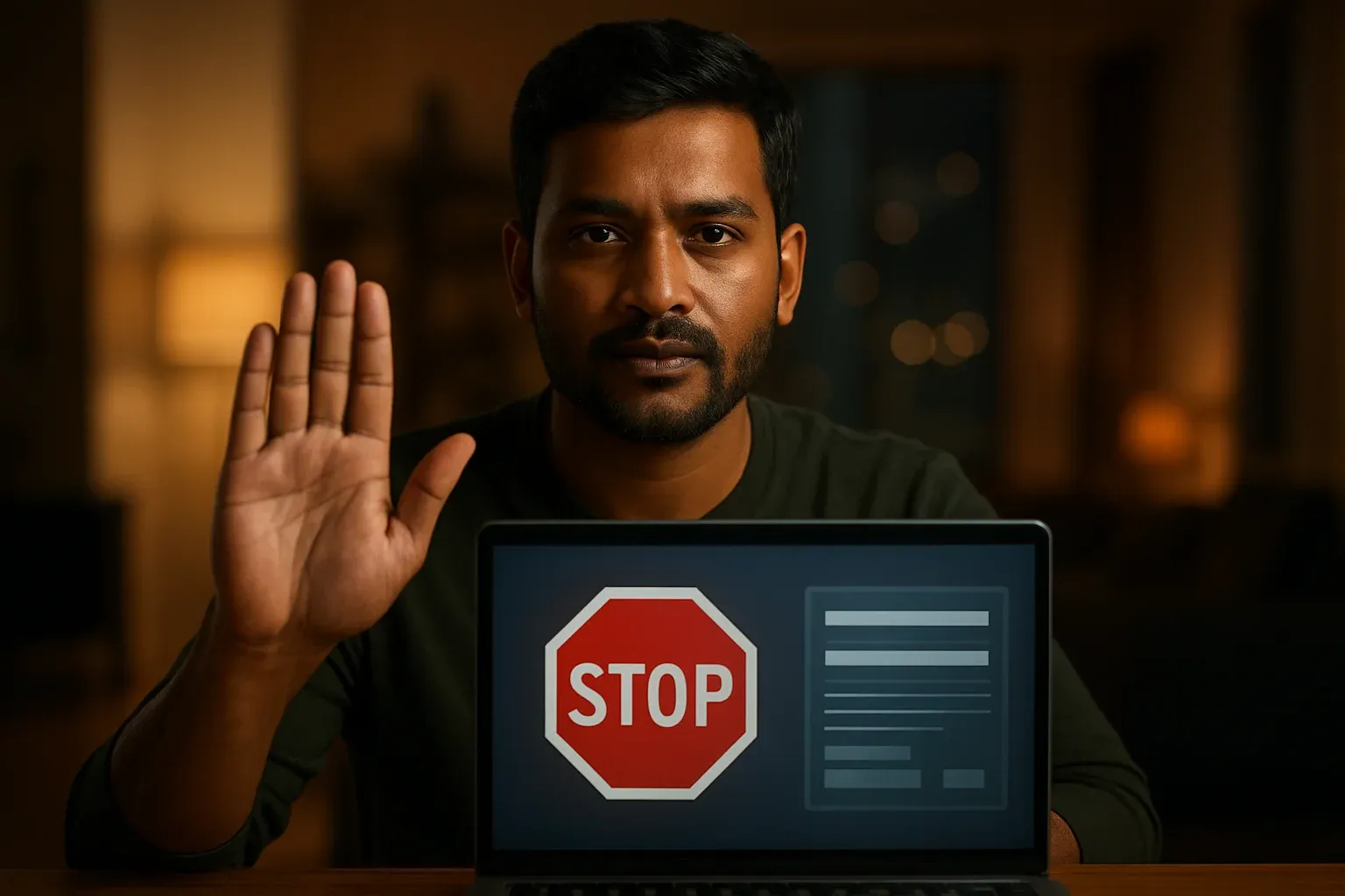 Bangladeshi man shows stop gesture beside laptop with responsible gambling screen