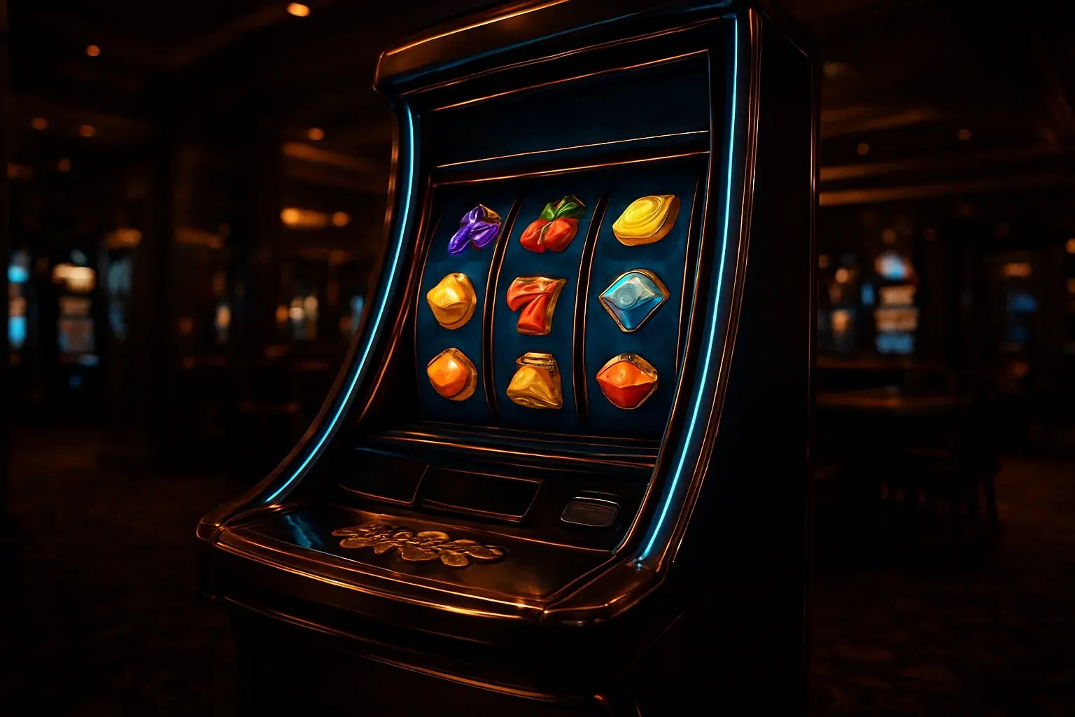 Premium slot machine with glowing reels in a dark luxury casino